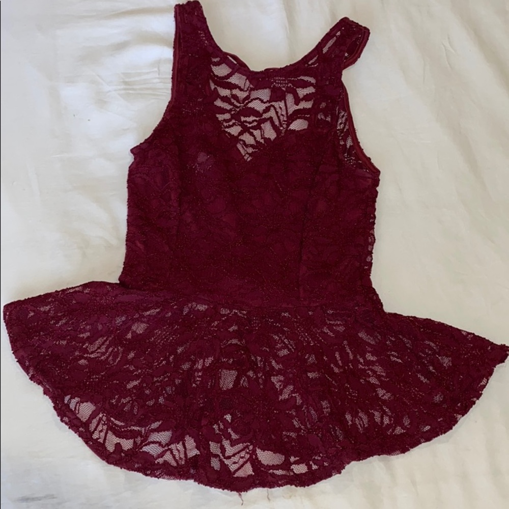Burgundy lace flowy backless top
